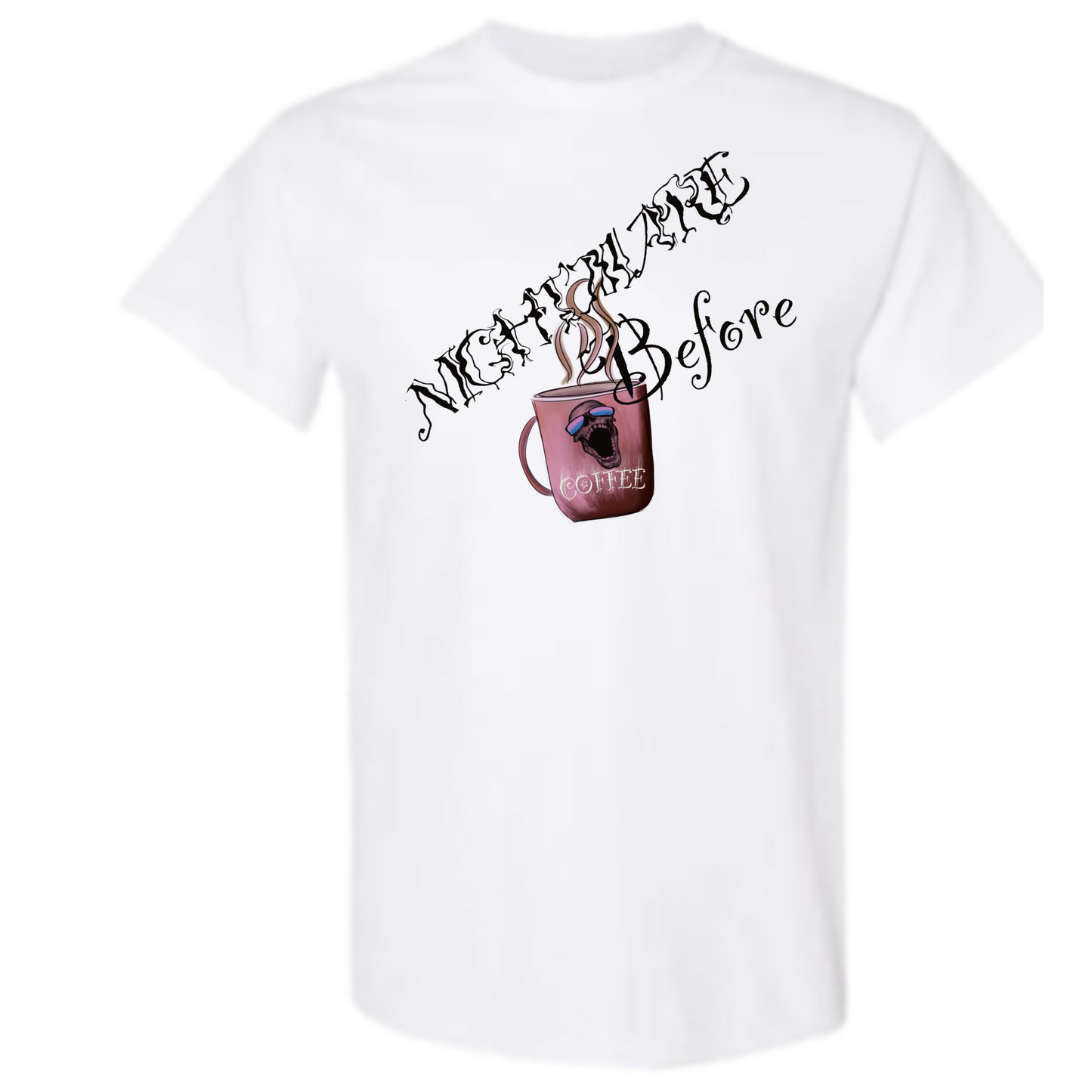 Adult Halloween T-Shirt "Nightmare Before Coffee" Beige or White, Coffee Cup & Skull