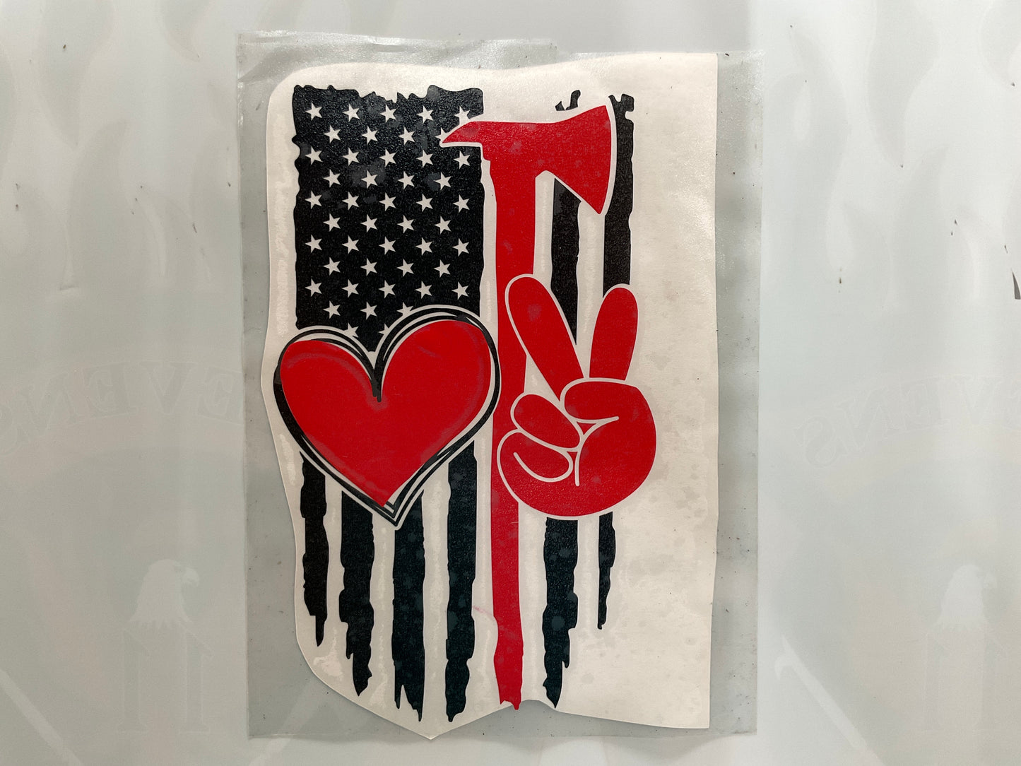 Distressed Flag in Red & Black Vinyl Decal Pulaski, Love, Peace, Firefighter