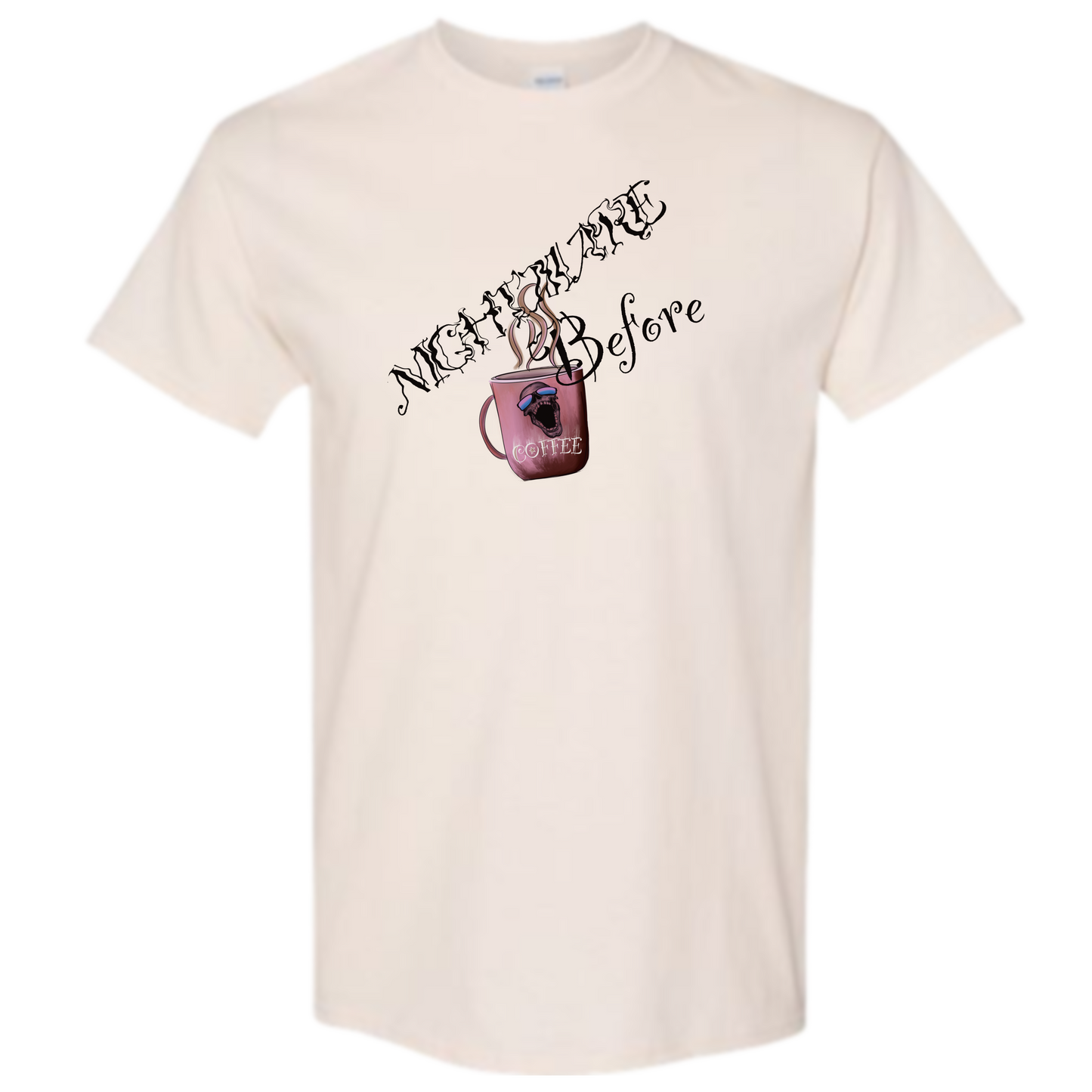 Adult Halloween T-Shirt "Nightmare Before Coffee" Beige or White, Coffee Cup & Skull