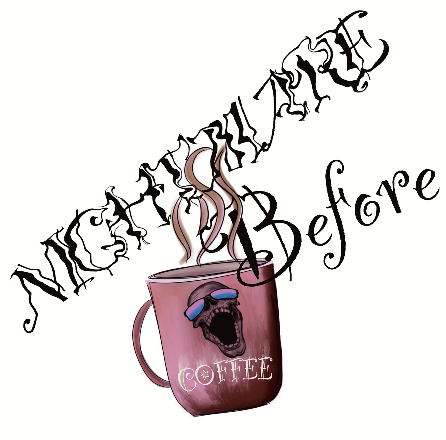 Adult Halloween T-Shirt "Nightmare Before Coffee" Beige or White, Coffee Cup & Skull