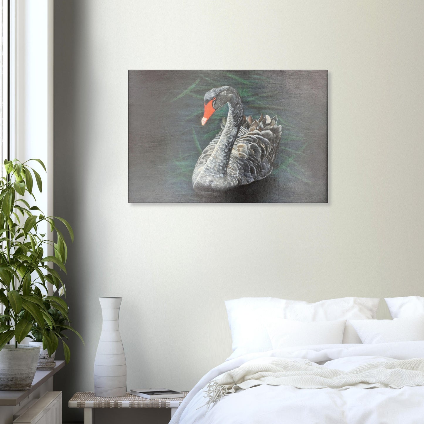 Bedroom wall with Black Swan Oil Painting on the wall