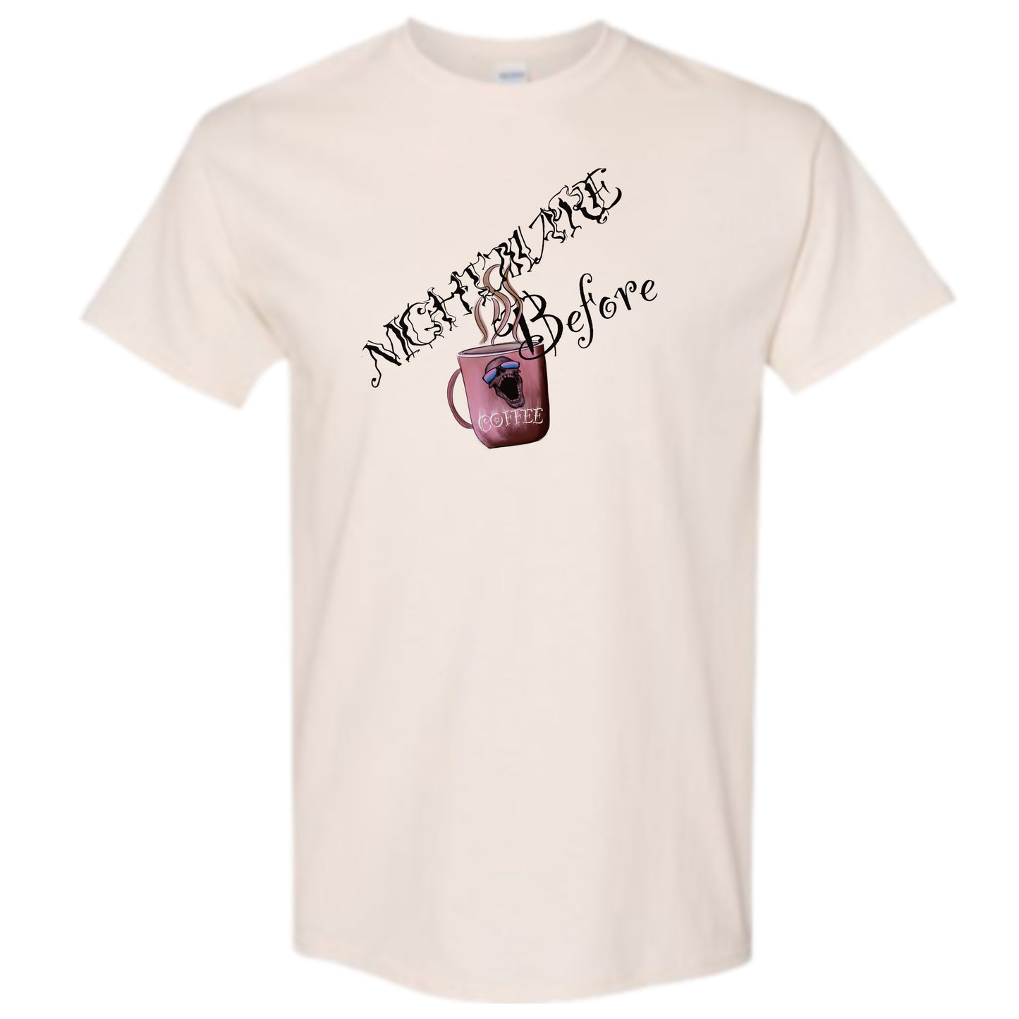 Adult Halloween T-Shirt "Nightmare Before Coffee" Beige or White, Coffee Cup & Skull