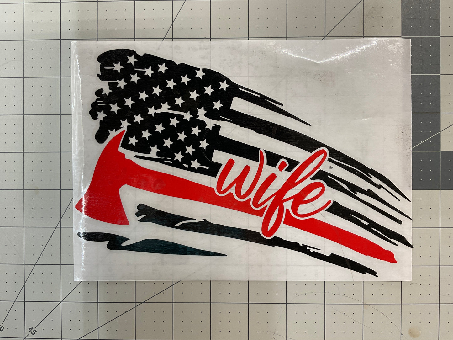 Firefighter Wife & Pulaski Distressed Flag in Red & Black Vinyl Decal
