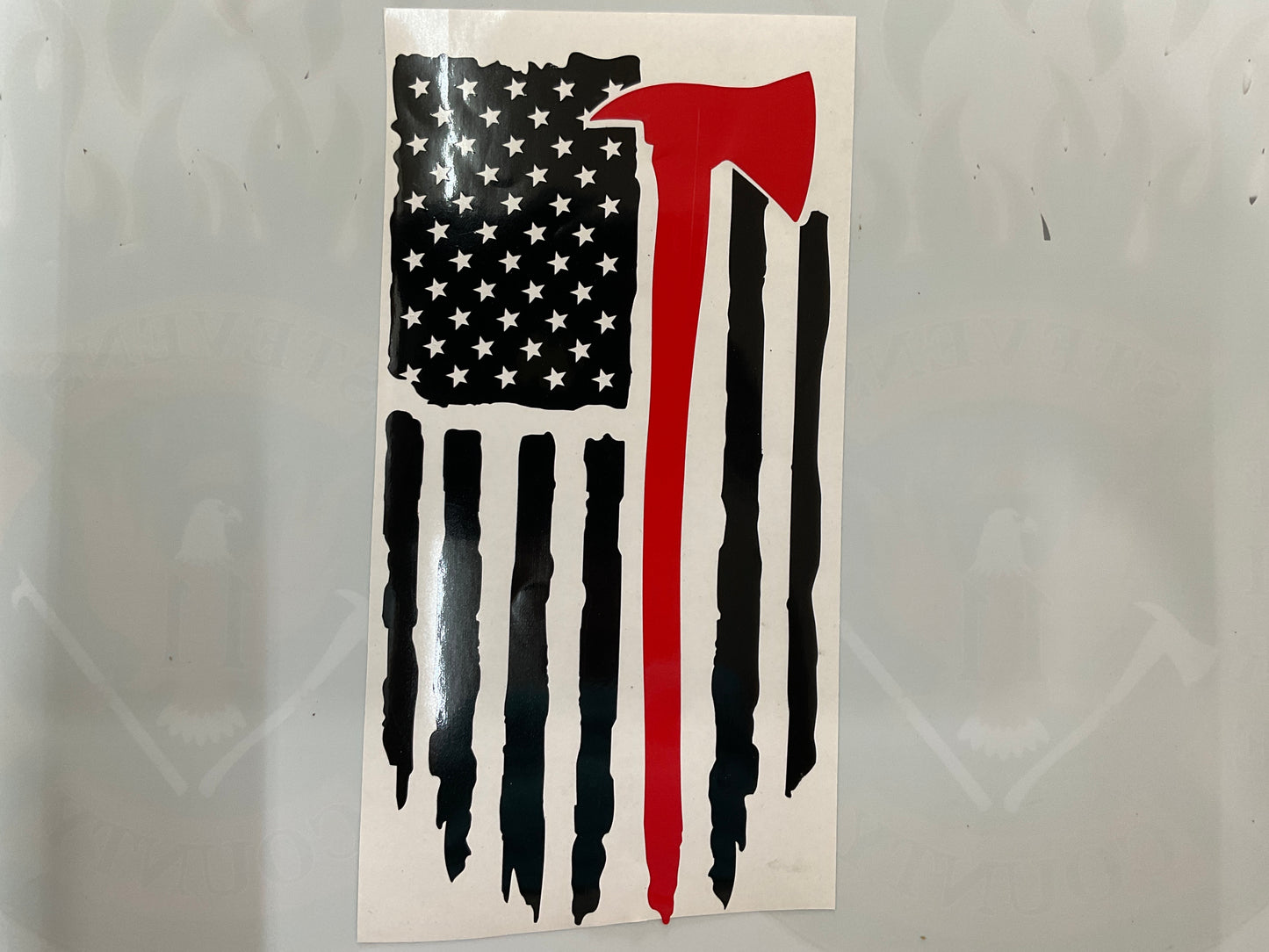 Firefighter Distressed Flag Red & Black Vinyl Decal Pulaski