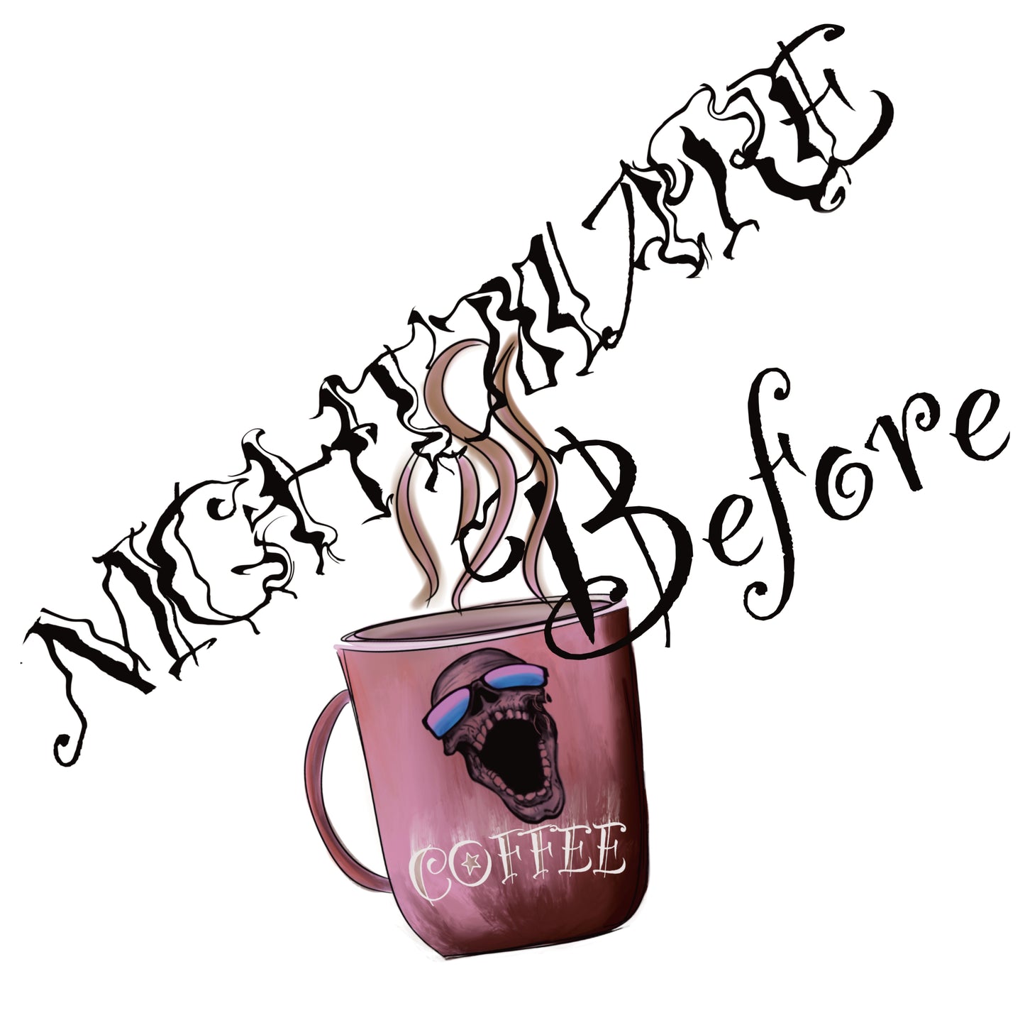 Adult Halloween T-Shirt "Nightmare Before Coffee" Beige or White, Coffee Cup & Skull