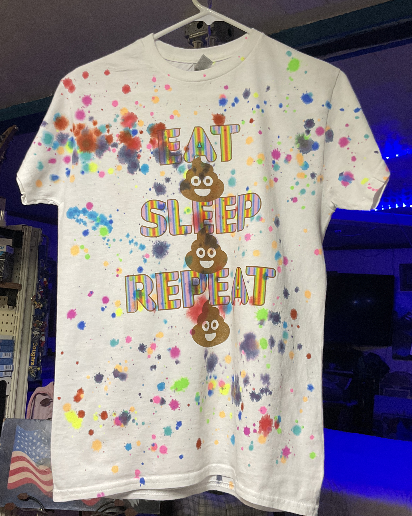 Eat Poop Sleep Poop Repeat Poop, Neon Splat T-Shirt on White