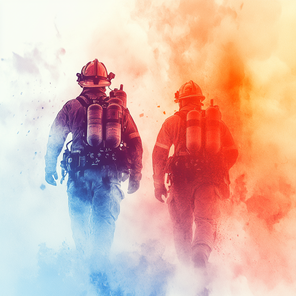 Firemen surrounded by smoke Firefighting Category