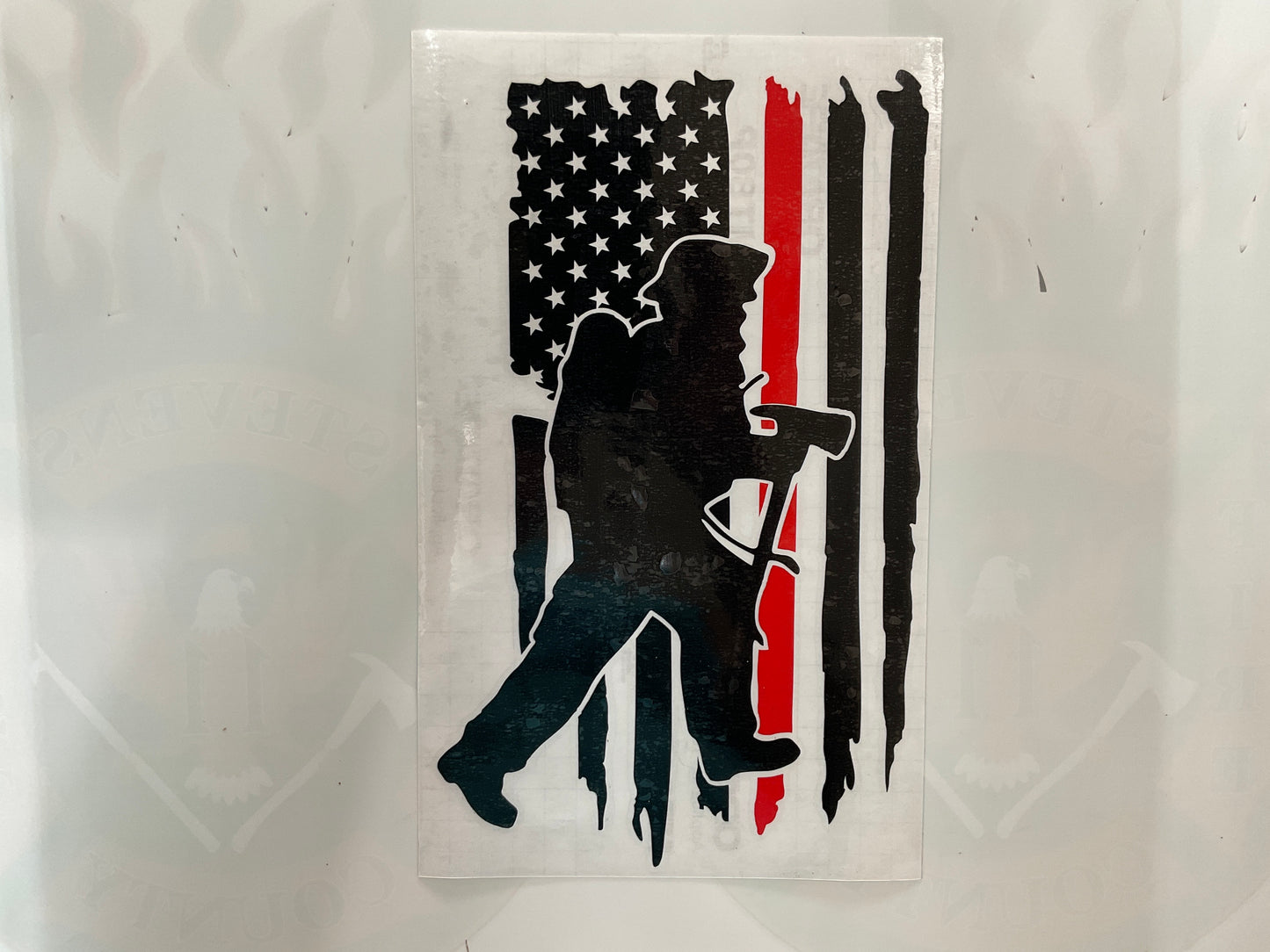 Distressed Flag in Red & Black Vinyl Decal Pulaski Firefighter Silhouette