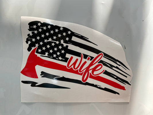 Firefighter Wife & Pulaski Distressed Flag in Red & Black Vinyl Decal