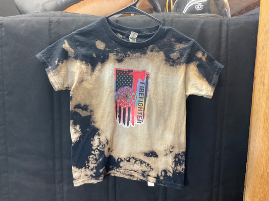 Youth Firefighter T-Shirt,  Distressed Flag, Maltese Cross - Bleached Black