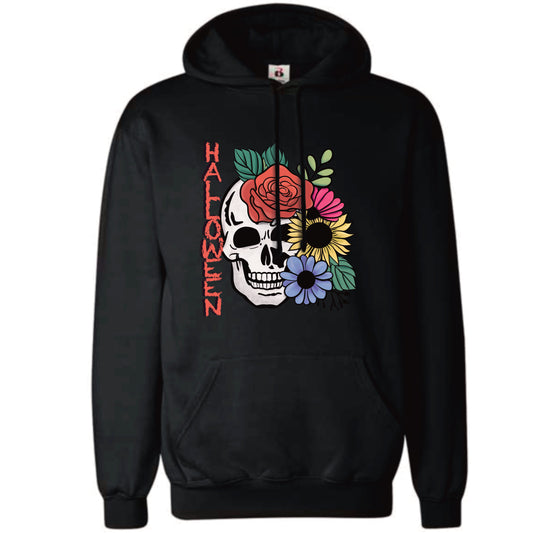 black hoodie Halloween Skull and Flowers