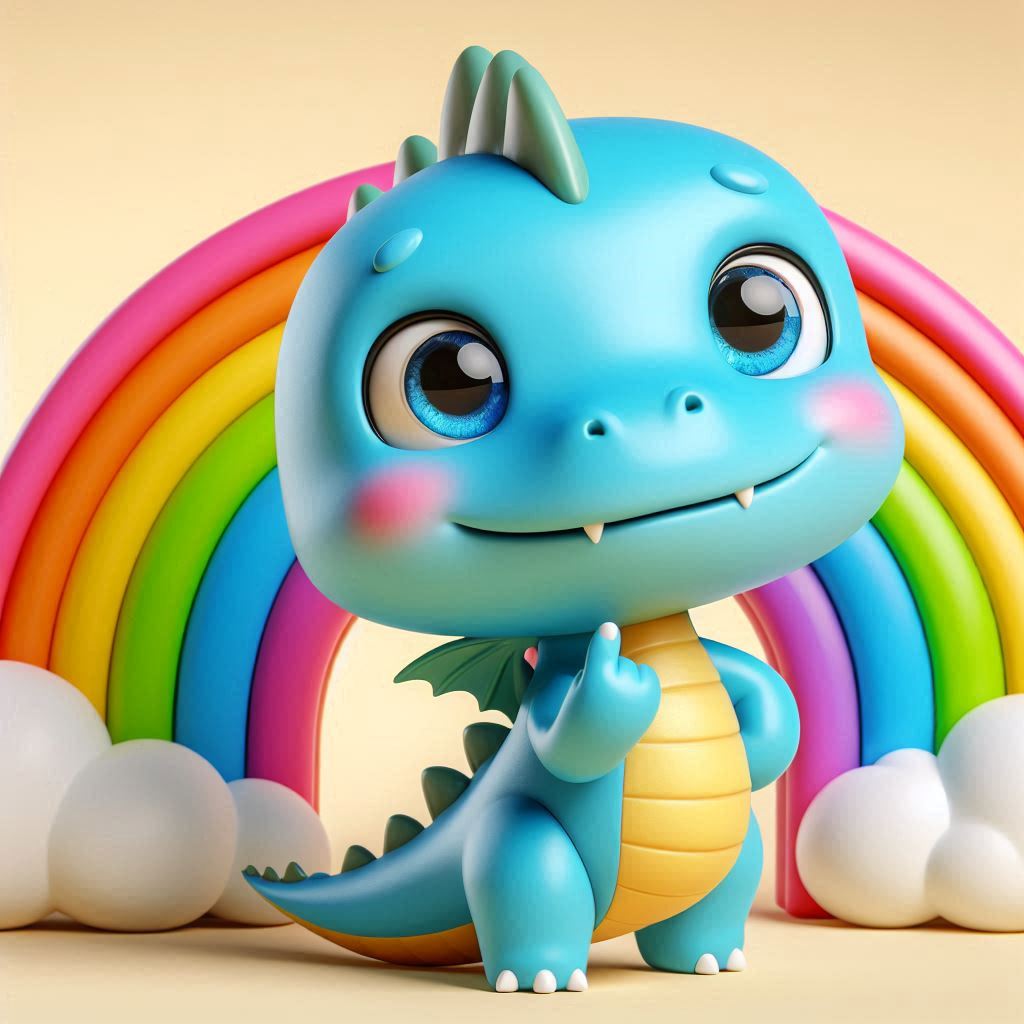 Cuddly Blue Fantasy Dinosaur with Rainbow background