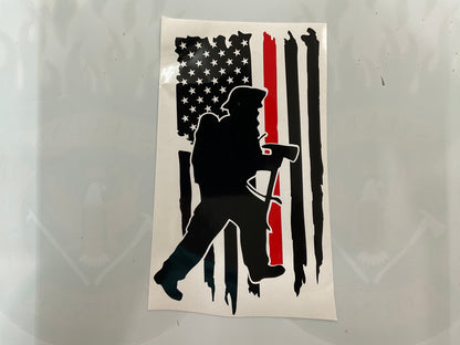 Distressed Flag in Red & Black Vinyl Decal Pulaski Firefighter Silhouette