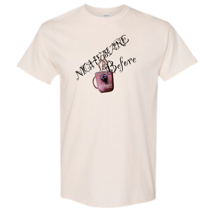 Adult Halloween T-Shirt "Nightmare Before Coffee" Beige or White, Coffee Cup & Skull
