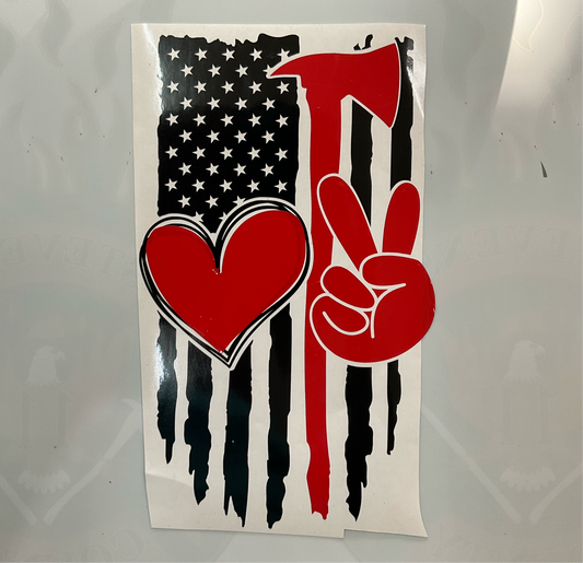 Distressed Flag in Red & Black Vinyl Decal Pulaski, Love, Peace, Firefighter