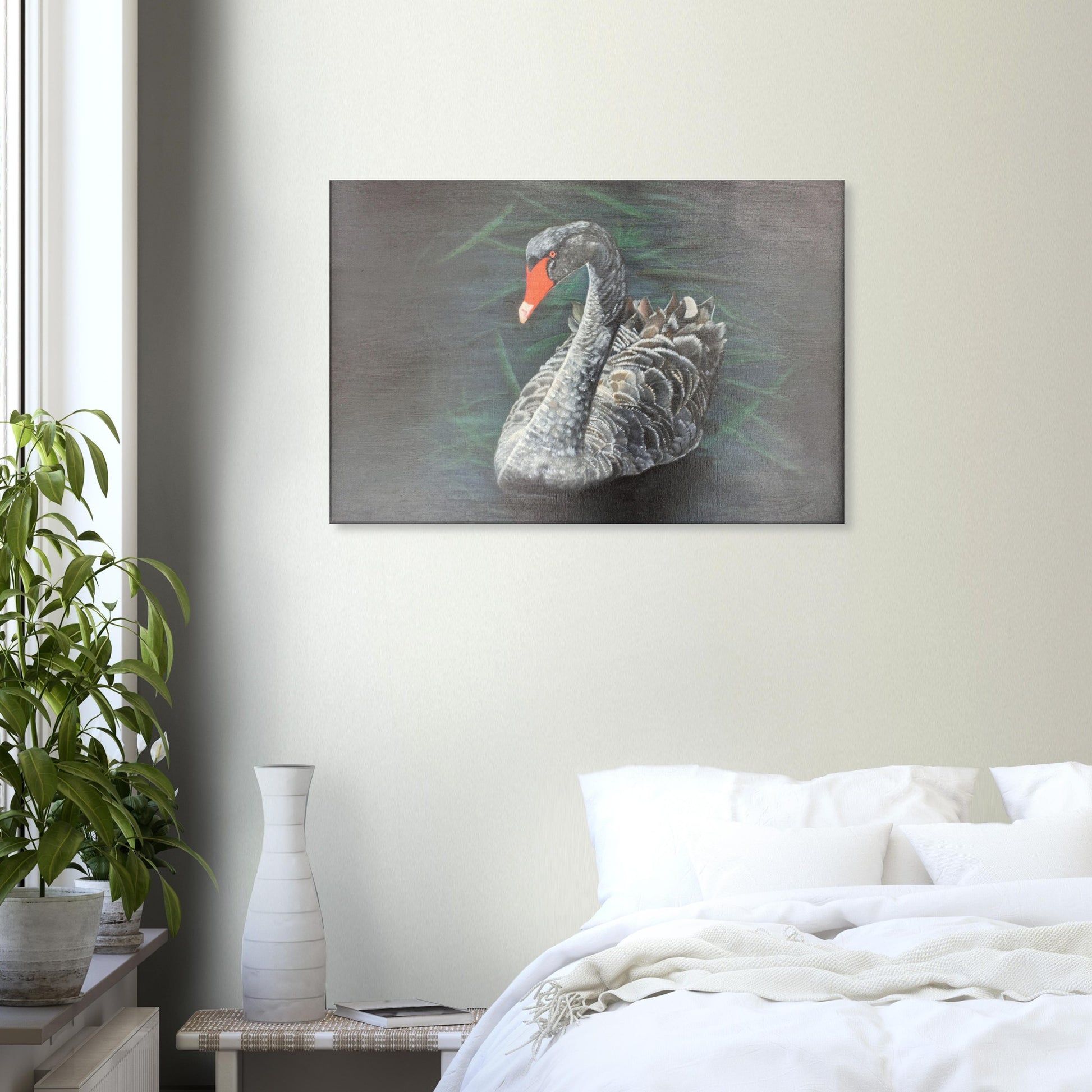 Bedroom wall with Black Swan Oil Painting on the wall