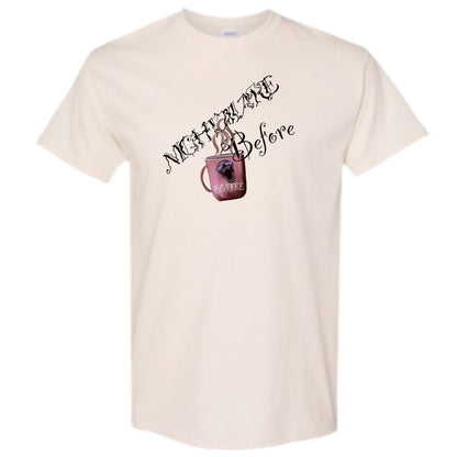 Adult Halloween T-Shirt "Nightmare Before Coffee" Beige or White, Coffee Cup & Skull