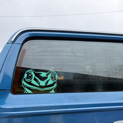Car window with a green frog decal on a blue car