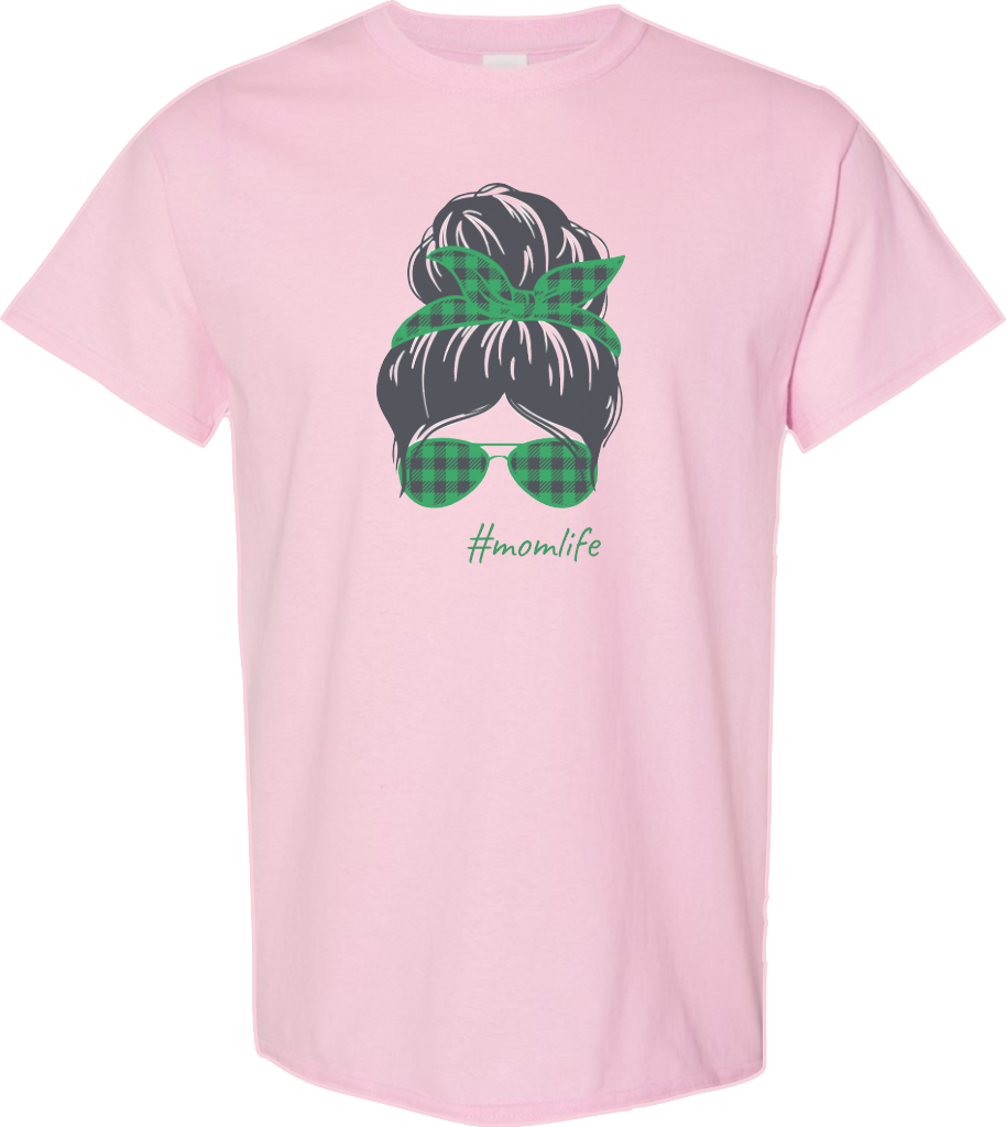 #momlife, Messy Bun, Green Checks, T-Shirt, Short Sleeve,